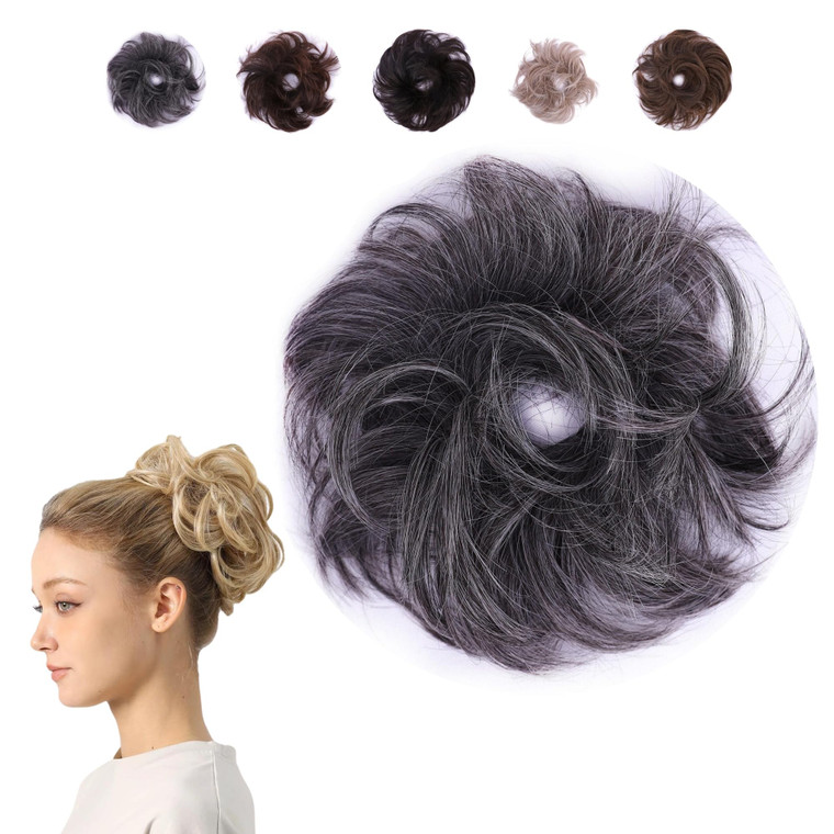 Juvabun Small Messy Bun Hair Piece - Salt and Pepper| Curled Hair Bun Scrunchie Hair Buns Hair Piece | Everyday Wear | Washable & Realistic| Hair Pie