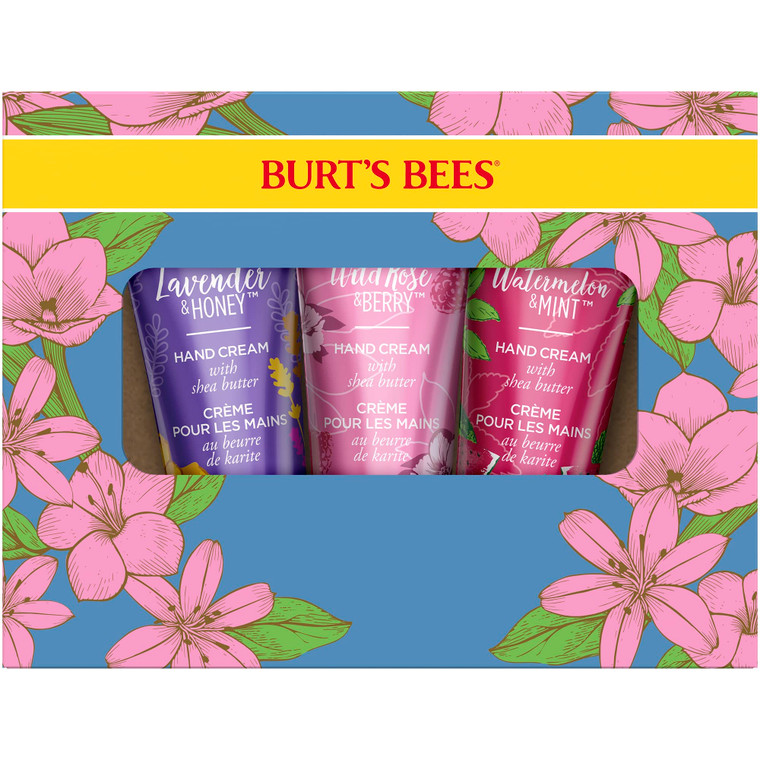 Burt's Bees Spring Gift, 3 Moisturizing Self Care Gifts, Shea Butter Hand Cream Trio Spring Set - Lavender & Honey, Wild Rose & Berry and Watermelon