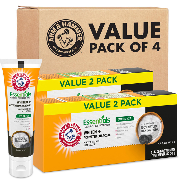 ARM & HAMMER Essentials Fluoride-Free Toothpaste, Whitening + Activated Charcoal Toothpaste, 4 Pack of 4.3oz Tubes, Clean Mint, 100% Natural Baking S