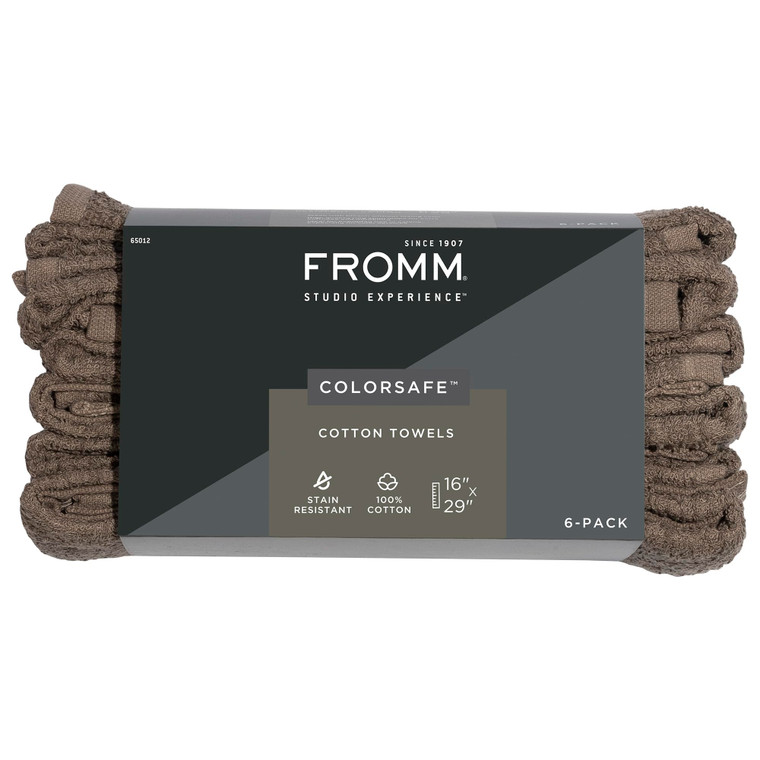 Fromm ColorSafe 100% Cotton Bleach Proof Salon Hair Towels for Hairstylists, Barbers, Spa, Gym in Brown, 16" by 29", 6 count Absorbent Stain Resistan