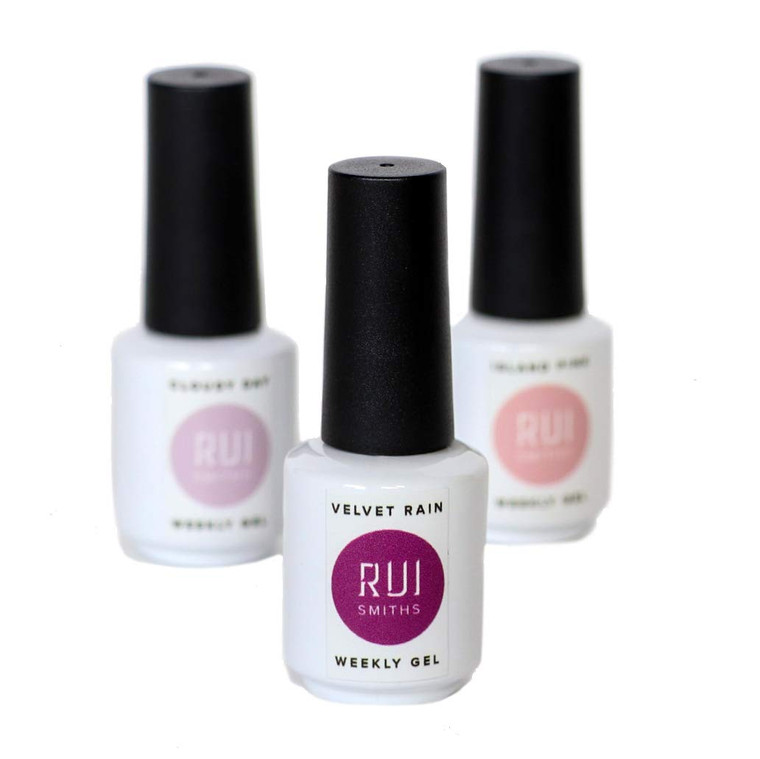 Rui Smiths Weekly Curable Peel-Off Gel Box Set with 3 Colors. Unique One-Step, High-Gloss, 9-Free Formulation. Mixed in Singapore.