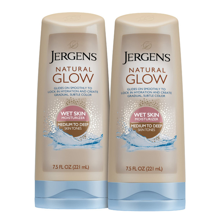 Jergens Natural Glow In Shower Lotion, Self Tanner for Medium to Deep Skin Tone, Sunless Tanning Wet Skin Lotion for Gradual, Flawless Color, 7.5 Oun