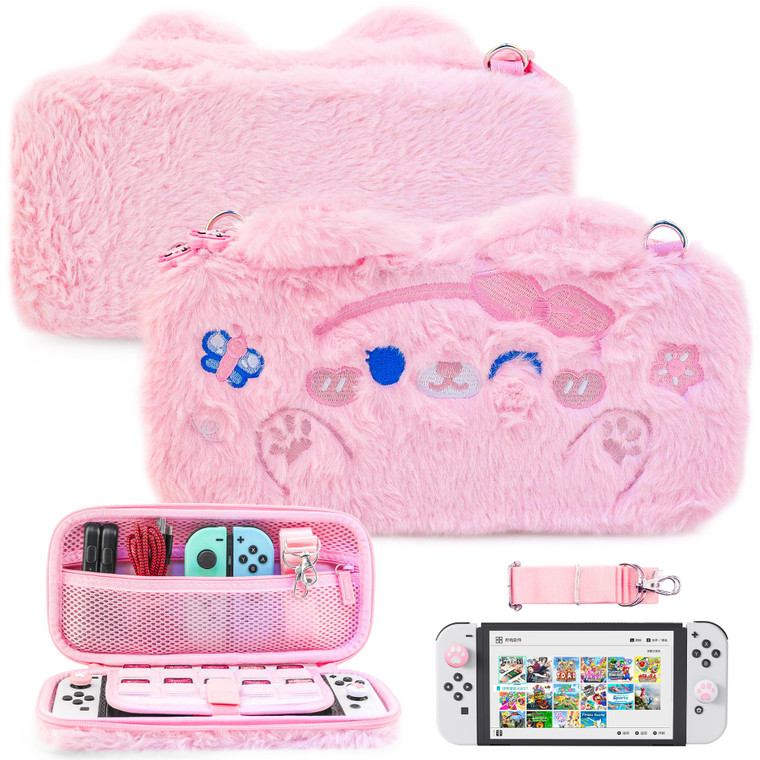 FUNDIARY Pink Travel Carrying Case for Nintendo Switch and Switch OLED, Cute Anime Bunny Accessories Bundle for Switch Console Grips with Slim Portab