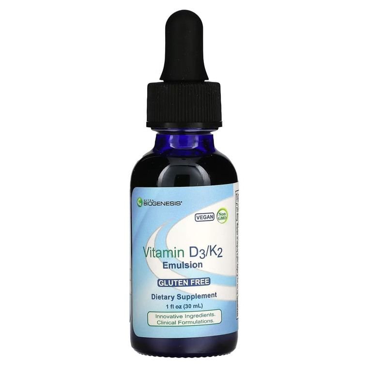 Nutra Biogenesis Vitamin D3/K2 Emulsion - Liquid Vitamin D Drops with MCT Oil, D3 K2 Supplement for Adults and Kids, Sublingual Oil Dropper for Women
