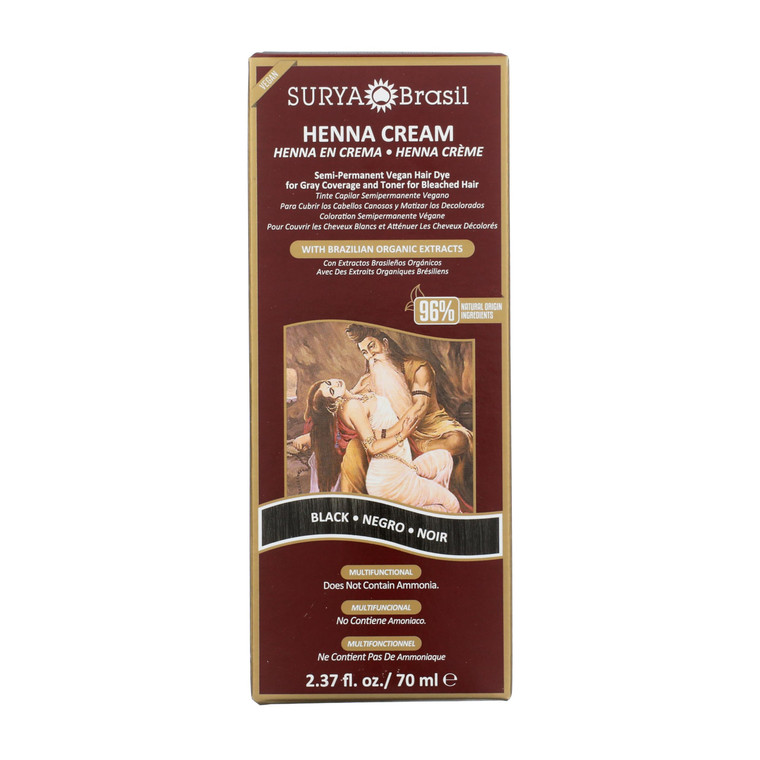 Surya Brasil Henna Cream Black - 96% Natural Ingredients, Vegan, Cruelty-Free, Eco-Friendly, Semi-Permanent Hair Color, Deep Hydration & Shine, 2.37