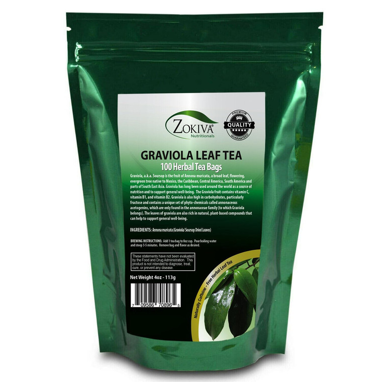 Zokiva Nutritionals Graviola Tea 100 Bags Soursop - Organic Annona Muricata - Guanabana Herbal Tea - 100% Pure Soursop Leaf for - Caffeine-Free, Prem