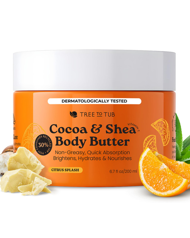 Tree to Tub Shea Body Butter for Dry, Extremely Dry, Sensitive Skin - Moisturizing Body Cream for Women & Men, Hydrating Body Lotion Moisturizer w/Vi