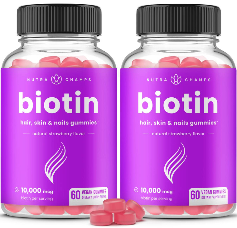 NutraChamps (2 Pack) Biotin Gummies 10,000mcg [High Potency] for Healthy Hair, Skin & Nails for Adults & Kids - 5000mcg in Each Gummy Vitamin - Vegan