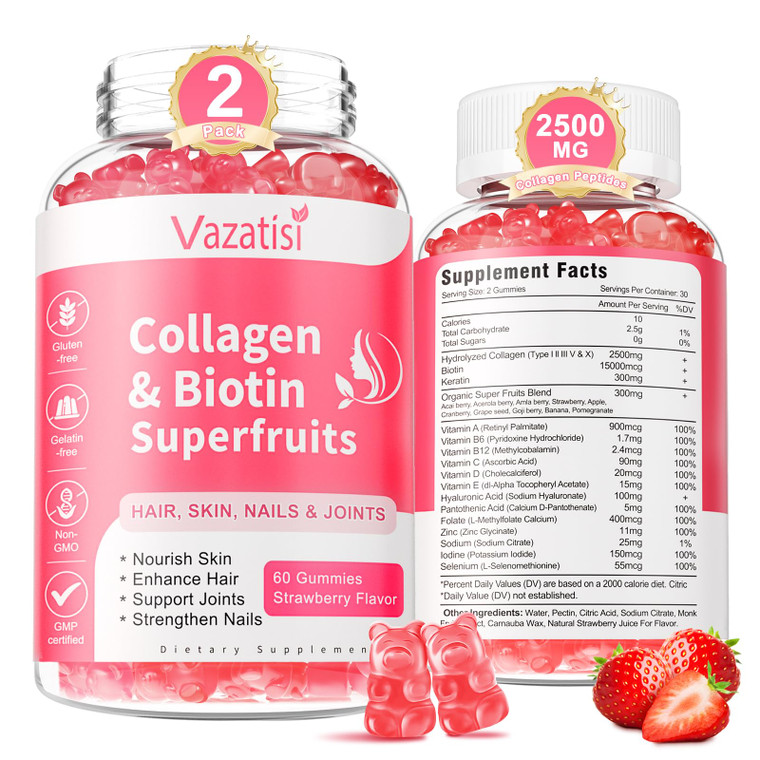 Vazatisi 2 Pack Sugar Free Collagen Gummies for Women Men, Multi Collagen Peptides Gummies Type I II III V X with Biotin Vitamin A B C D E for Hair S