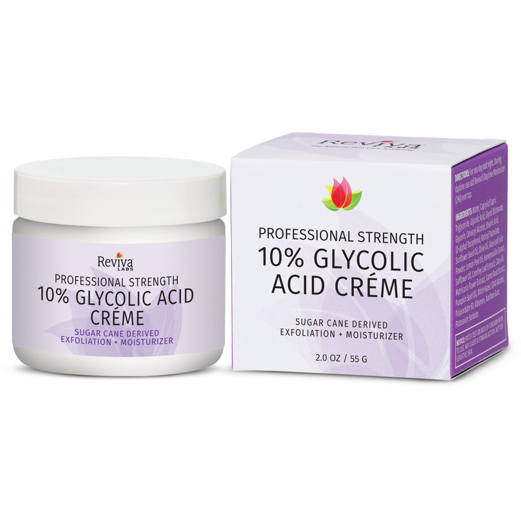 Reviva Labs 10% Glycolic Acid Creme Daily Moisturizer and Mild Exfoliant - Natural Sugar Cane Derived Alpha Hydroxy Acid Face Cream, Acido Glicolico