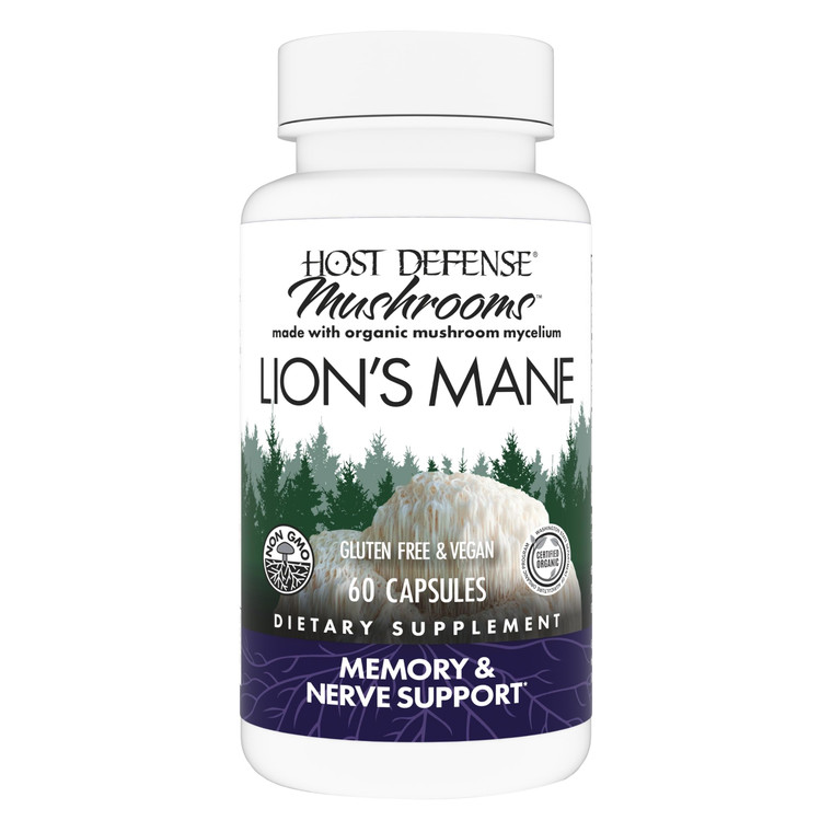 Host Defense Mushrooms Lion's Mane - Supplement Capsules for Brain Health Support - Mushroom Support for Focus & Memory Function - Immune & Nervous S