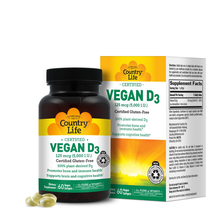 Country Life Vegan D3 5000 IU  Plant-Derived Vitamin D3 from Lichen  Certified Vegan, Gluten-Free, Non-GMO  Clean, Simple Formula  60 Softgels