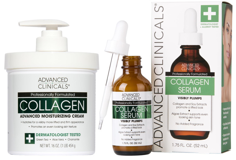 Advanced Clinicals Unscented Collagen Body Cream + Collagen Serum For Face 2PC Skincare Set | Face Serum & Body Lotion For Women & Men Helps Improve