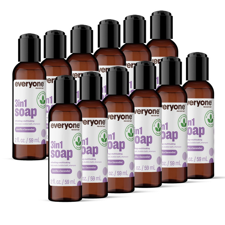 Everyone 3-in-1 Soap Body Wash, Bubble Bath, Shampoo, Travel Size, 2 Ounce (Pack of 12), Vanilla and Lavender, made with Essential Oils for Men and W