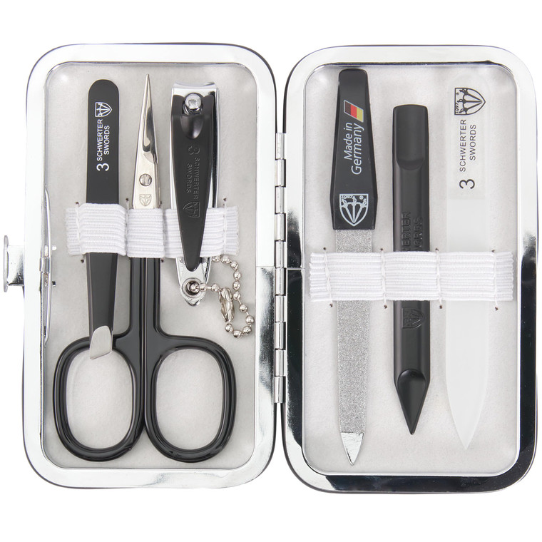 3 Swords Germany - Brand Quality 6 Piece Manicure Pedicure Grooming kit Set - Scissors, Metal and Glass Nail File, Clipper, Tweezers with Synthetic L
