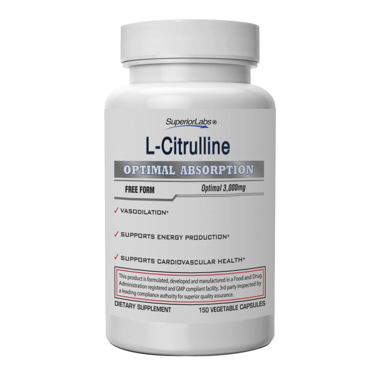Superior Labs L-Citrulline 3000 mg, Non-GMO, High-Potency Free-Form Amino Acid, Nitric Oxide & Vasodilation Booster, Pre-Workout Muscle Pump, Enduran