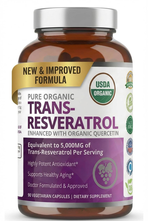 Purity Labs Trans-Resveratrol Supplement 5,000 mg Equivalent per Serving with Quercetin, USDA Organic High Potency Antioxidant, Vegan Capsules, 90 Co