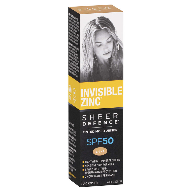 Invisible Zinc Sheer Defence Tinted Light - Daily Facial Moisturizer With Sun Protection SPF 50 To Prevent The Appearance Of Premature Aging Caused b
