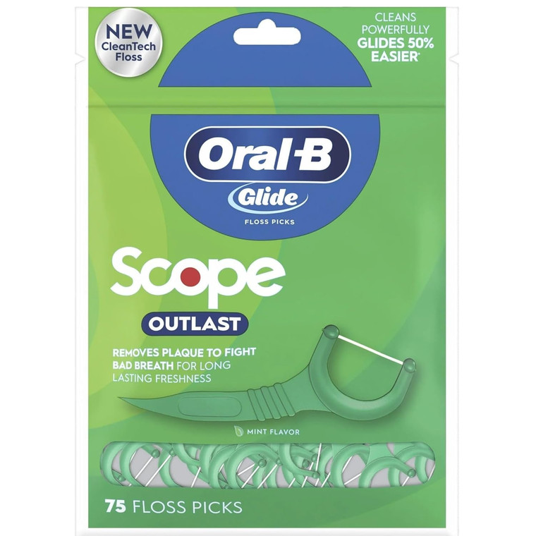 Oral B Glide Dental Floss Picks, Complete With Scope Outlast, Mint, 75 Count, Pack Of 6