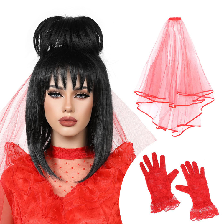 REECHO Black Bride Wig for Lydia Cosplay, 16 Synthetic Hair Replacement Wig with Veil and Gloves Set Natural Soft Hair Wig for Women Halloween Cospl