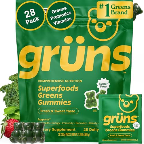Gruns Adult Sugar-Free Super Greens Gummies, Superfood Vitamin Gummy Bears with Spirulina, Chlorella, Fiber & Prebiotics for Digestive Health, Adapto
