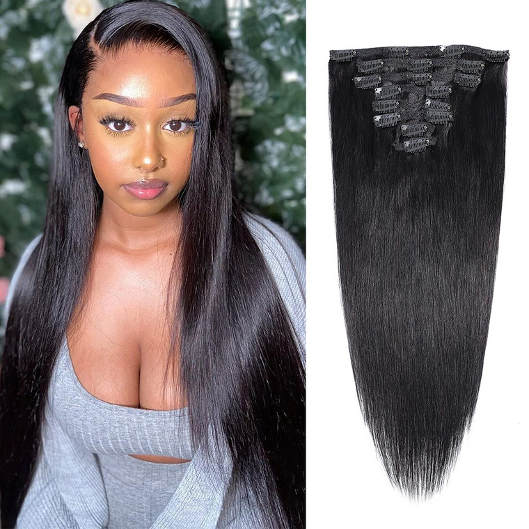Kislemon Clip in Hair Extensions Brazilian Body Wave Hair Natural #1B 100% Unprocessed Virgin Human Hair Cheap 8 Pieces/Lot 125g with 16 Clips?14", B