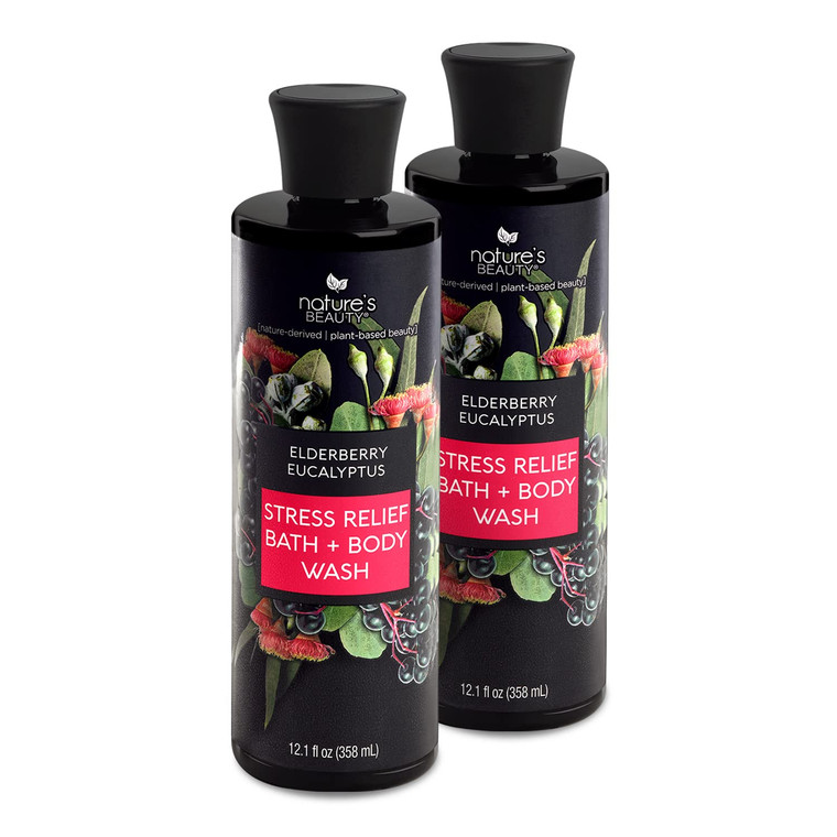 Nature's Beauty Elderberry Eucalyptus Stress Relief Body Wash Multi-Pack - Gentle Bath + Body Cleanser, Restore Skin Made w/Shea Butter, Avocado Oil,
