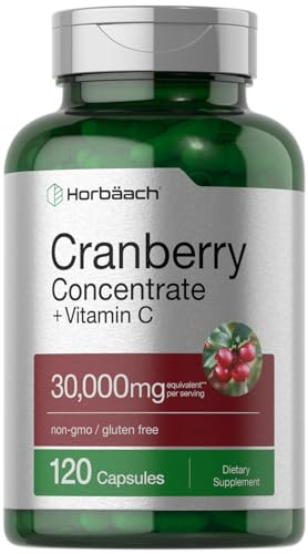 Horbäach Cranberry Concentrate Extract Pills + Vitamin C | 120 Capsules | Supplement for Women and Men | Triple Strength Ultimate Potency Formula | N