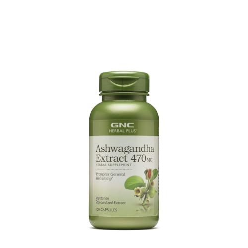 GNC Herbal Plus Ashwagandha Extract 470mg Supplement, Vegetarian, Provides General Well-Being, 100 Servings