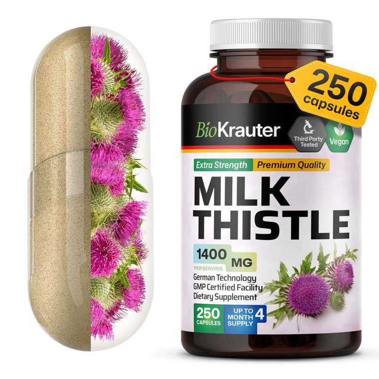 BIO KRAUTER Milk Thistle Capsules 1400 mg - 250 Count - Liver Detox & Cleanse Supplement - Vegan Silymarin Capsules - Milk Thistle Powder - Non GMO