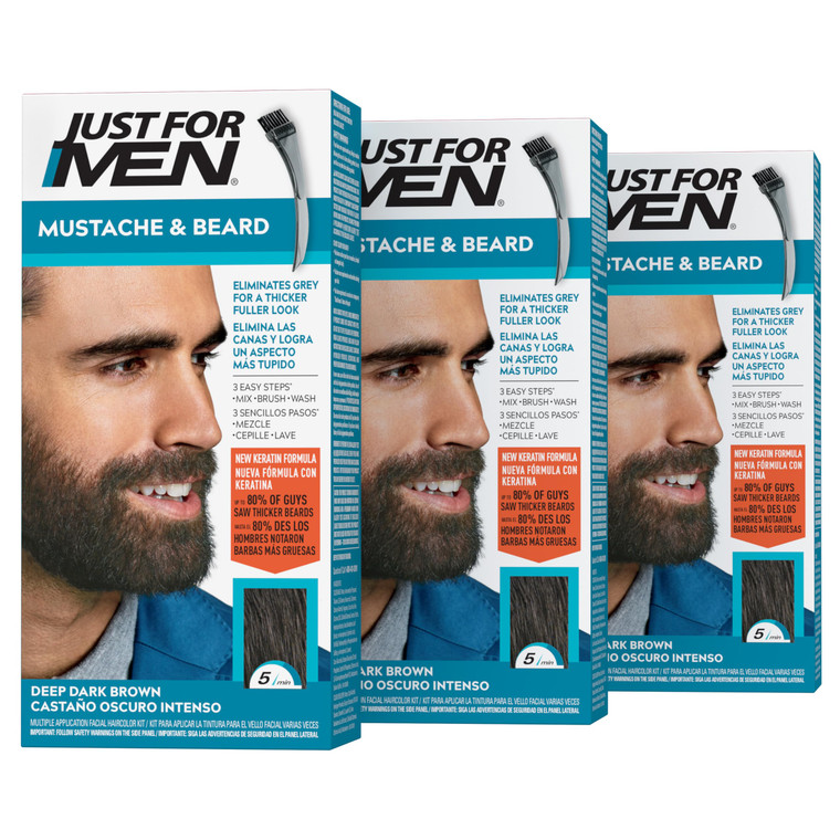 Just For Men Mustache & Beard, Beard Dye for Men with Brush, With Keratin Biotin Aloe and Coconut Oil for Healthy Facial Hair - Deep Dark Brown, M-46