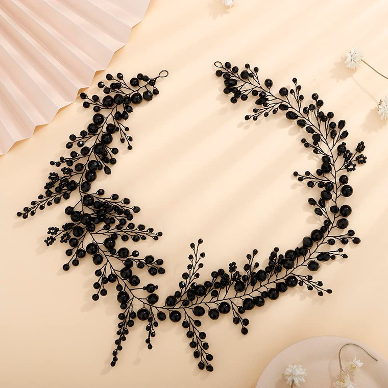 Teyglen Bride Wedding Crystal Hair Vine Bridal Blue Crystal Beads Long Headband Luxurious Hair Accessories for Bride Pearl Rhinestone Headpiece for W