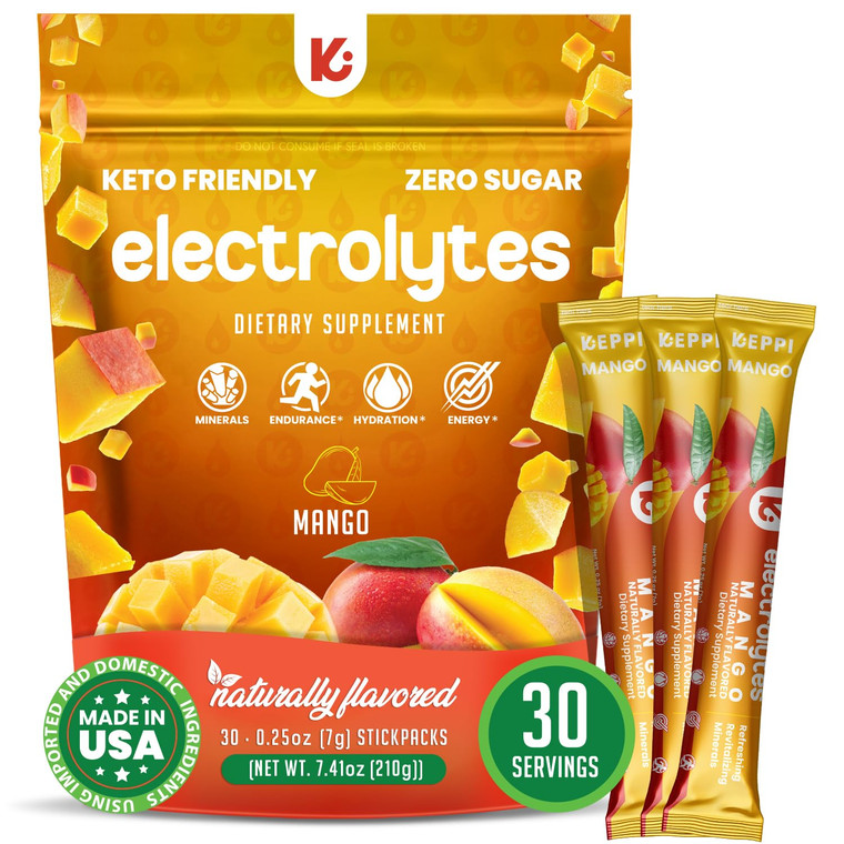 Keppi Electrolytes Powder Packets  Mango Flavor 30 Servings  No Sugar Hydration Supplement with Potassium, Magnesium, Sodium  Keto, Vegan, Fasting