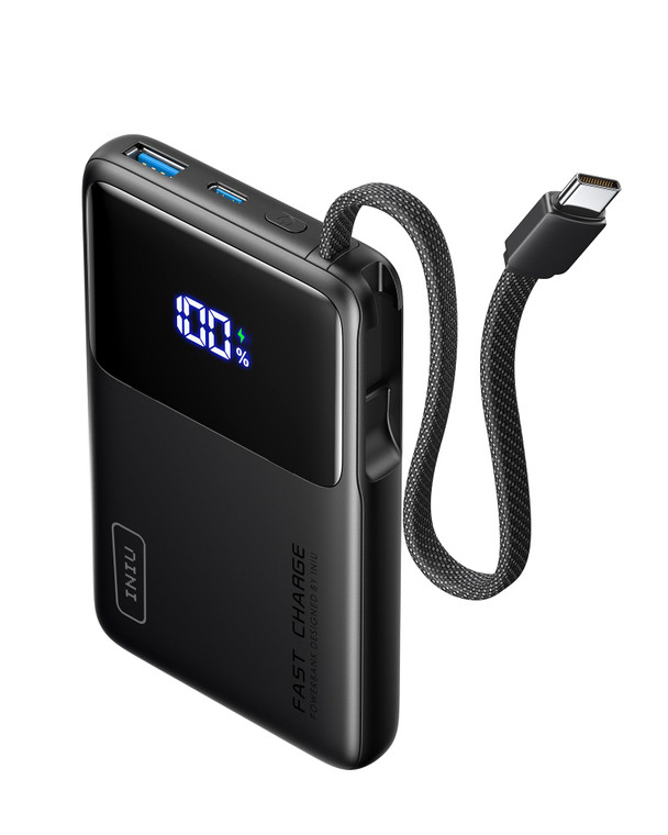 INIU 45W Power Bank, Slimmest 10000mAh Portable Charger with Built in USB-C Cable, Fast Charging USB C in&Out Battery Pack, Travel External Phone Cha