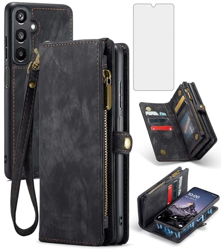 Asuwish Phone Case for Samsung Galaxy A16 5G/4G Zipper Wallet Magnetic Detachable Cover with Tempered Glass Screen Protector and PU Leather Flip Cash