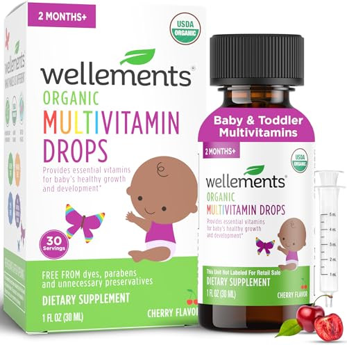 Wellements Organic Baby Multivitamin Drops (1 Fl Oz) - Cherry Flavor Liquid Multivitamins for Infants & Toddlers (2 Months+) - Toddler Vitamins for I