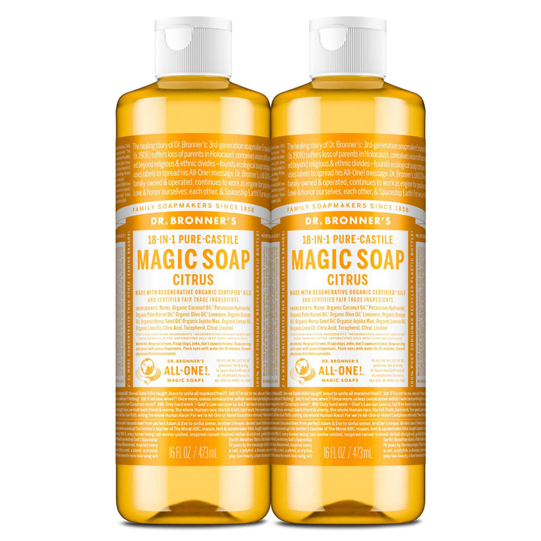 Dr. Bronner's Pure-Castile Magic Liquid Soap (Citrus, 16 Ounce, 2-Pack)- Made with Regenerative Organic Certified Oils, 18-in1 Uses: Face, Hair, Hand