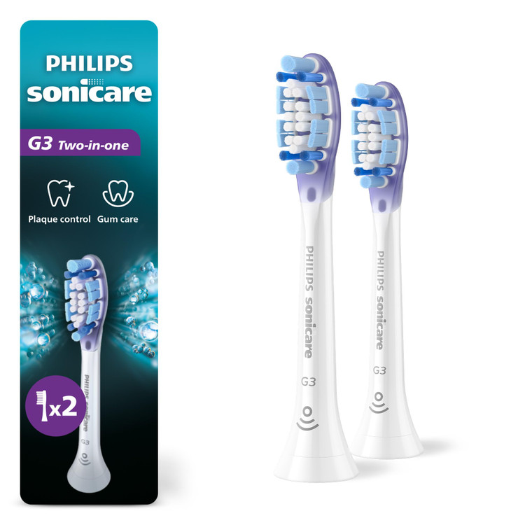 Philips Sonicare G3 2-in-1 Plaque Removal + Gum Care Brush Heads, Genuine Replacement Toothbrush Heads, White, 2 Pack, HX9052/65