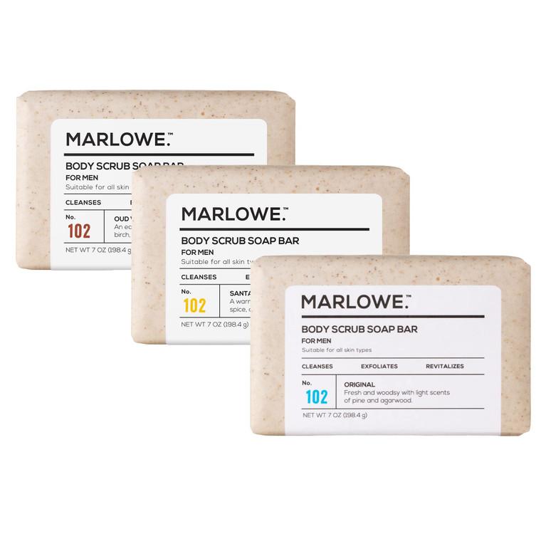 MARLOWE. No. 102 Men's Body Scrub Soap 7oz (Variety Trio) Best Exfoliating Body Soap Bars for Men, Made with Natural Ingredients, Green Tea Extract,
