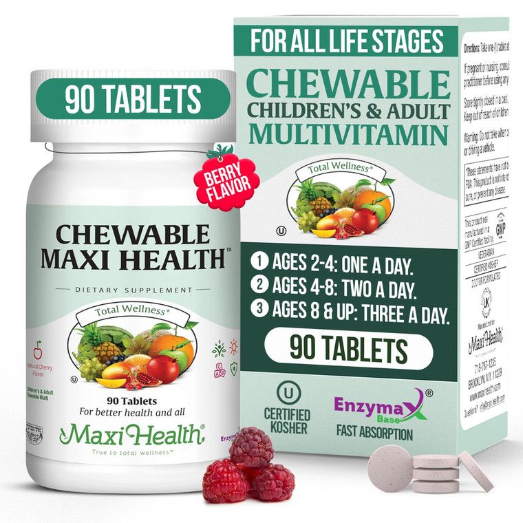 Maxi Health Chewable Multivitamin for Kids, Teens and Adults - Cherry Chewable Vitamins for Adults & Children - Kosher Kids Multivitamin + Iron (90 T