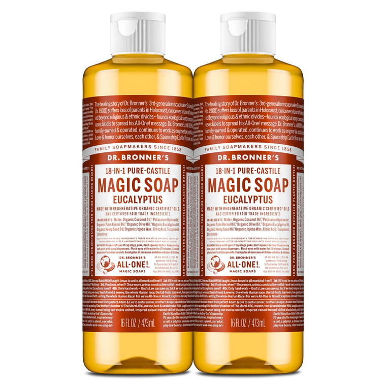 Dr. Bronner's Magic Soap - Pure-Castile Liquid Soap (Eucalyptus, 16 ounce, 2-Pack) -Regenerative Organic Certified Oils, 18-in-1 Uses: Body, Hair, La