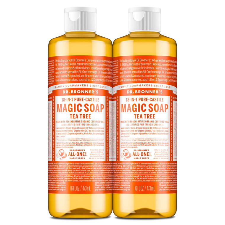 Dr. Bronner's Pure-Castile Magic Soap Liquid (Tea Tree, 16 Ounce, 2-Pack)-Made with Regenerative Organic Certified Oils, 18-in1 Uses: Face, Hair, Han