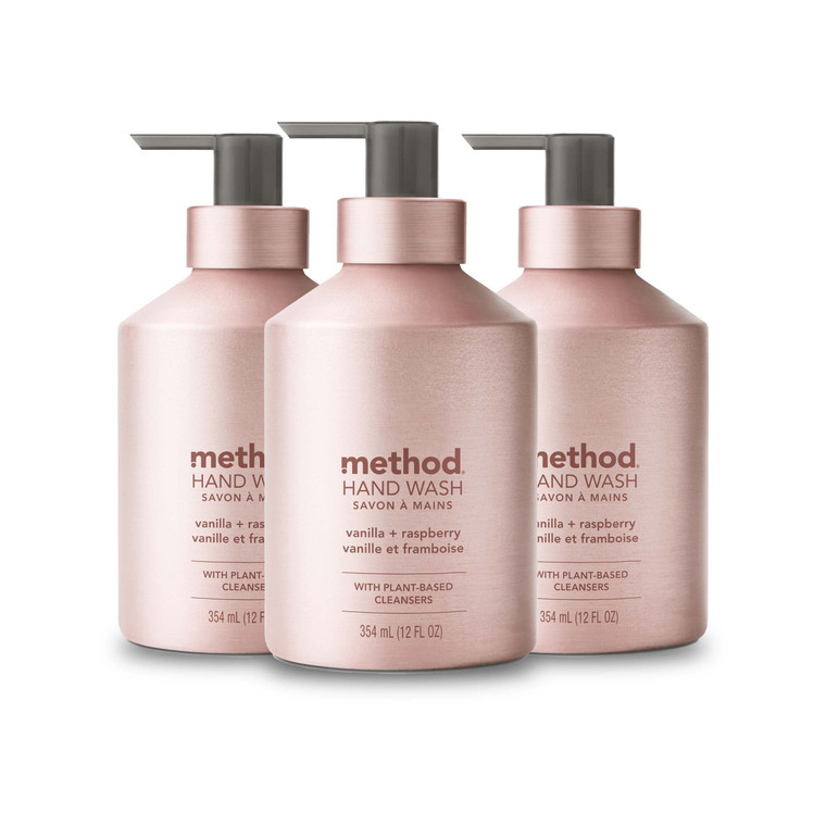 Method Gel Hand Soap, Vanilla + Raspberry, Reusable Pink Aluminum Bottle, 12 oz (Pack of 3)