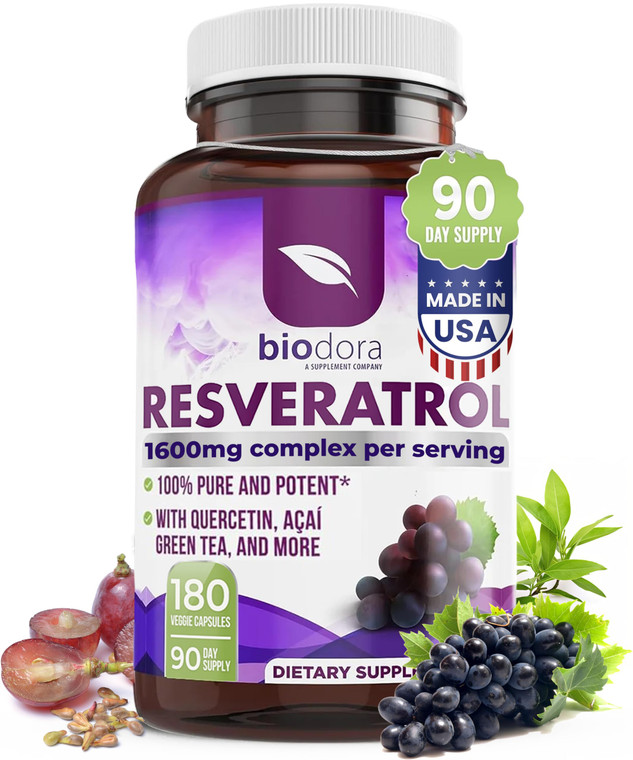 Resveratrol 1600mg - 180 Capsules | Trans-Resveratrol Antioxidant Supplement with Natural Green Tea, Grape Seed Polyphenols & Quercetin, Supports Dig