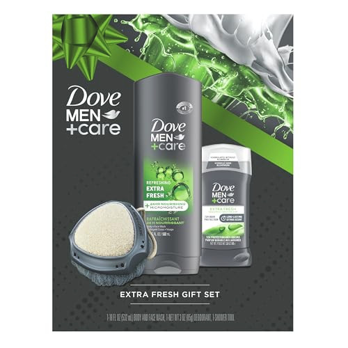 Dove Men+ Care Gift Set  Dove Face + Body Wash, Dove Antiperspirant, Refreshing Extra Fresh Scent, Dove Active Clean Dual-Sided Shower Tool, Christm