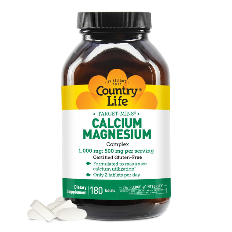 Country Life Target-Mins Calcium Magnesium Complex 1000mg/500mg, 180 Tablets, Certified Gluten Free, Certified Vegan, Certified Non-GMO Verified