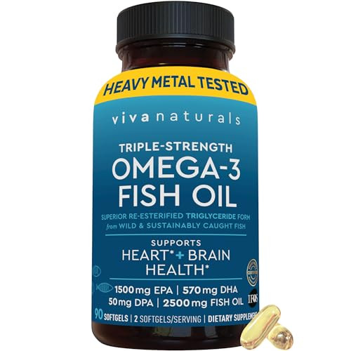 Viva Naturals Triple Strength Omega 3 Fish Oil Pills  2500 mg High-Potency Formula with 2250 mg Omega 3 Fatty Acids (Including EPA, DHA, DPA) in rTG