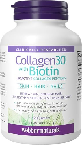 Webber Naturals Collagen30 with Biotin, 2,500 mg of Bioactive Collagen Peptides with 5,000 mcg of Biotin Per Serving, 120 Tablets, For Advanced Nouri