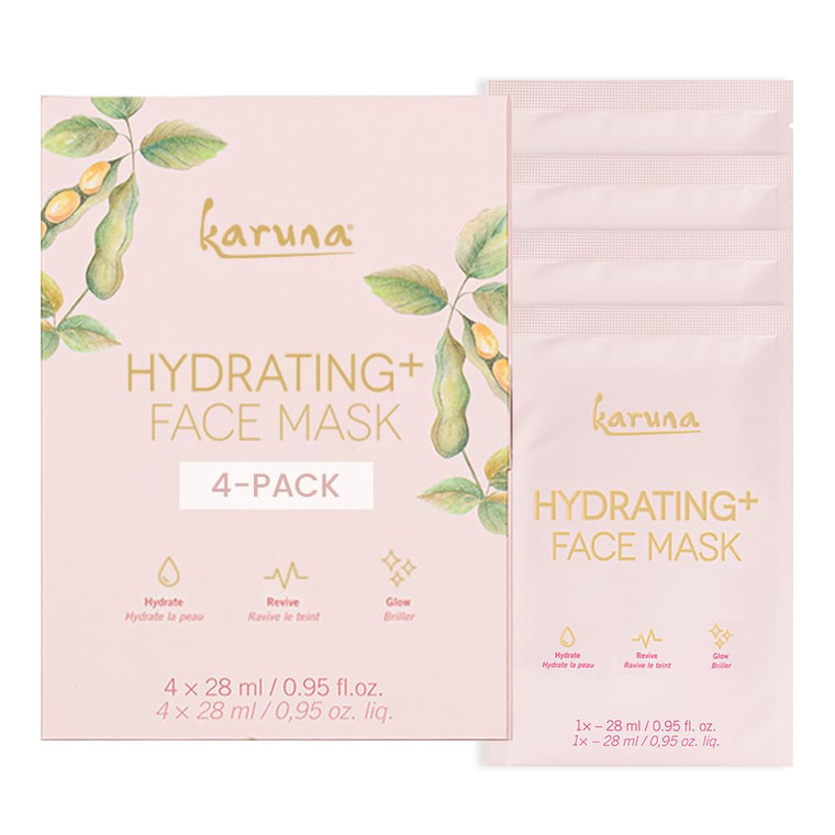 Karuna Hydrating+ Sheet Masks 4-Pack | Deep Moisturizing K-Beauty Face Masks with Hyaluronic Acid & Peptides | For Dry, Aging Skin | Vegan & Cruelty-