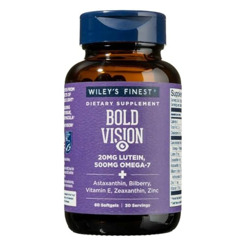 Wiley's Finest Wild Alaskan Fish Oil Bold Vision - Fish Oil Eye Health Supplement with Lutein, Zeaxanthin, Bilberry, Omega-7, Vitamin E, and Zinc - 6